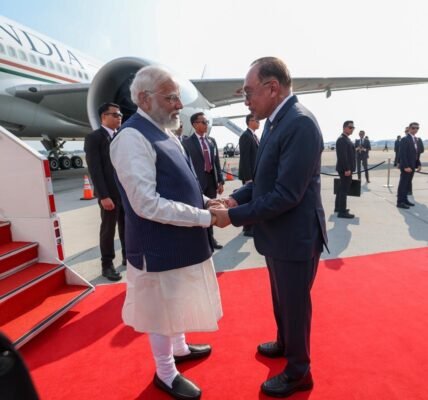 Upon PM Modi arrival in Kuala Lumpur, he was welcomed by the Prime Minister of Malaysia.