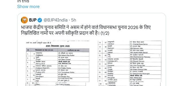 BJP has released its first list of 88 candidates for the Assam Assembly elections