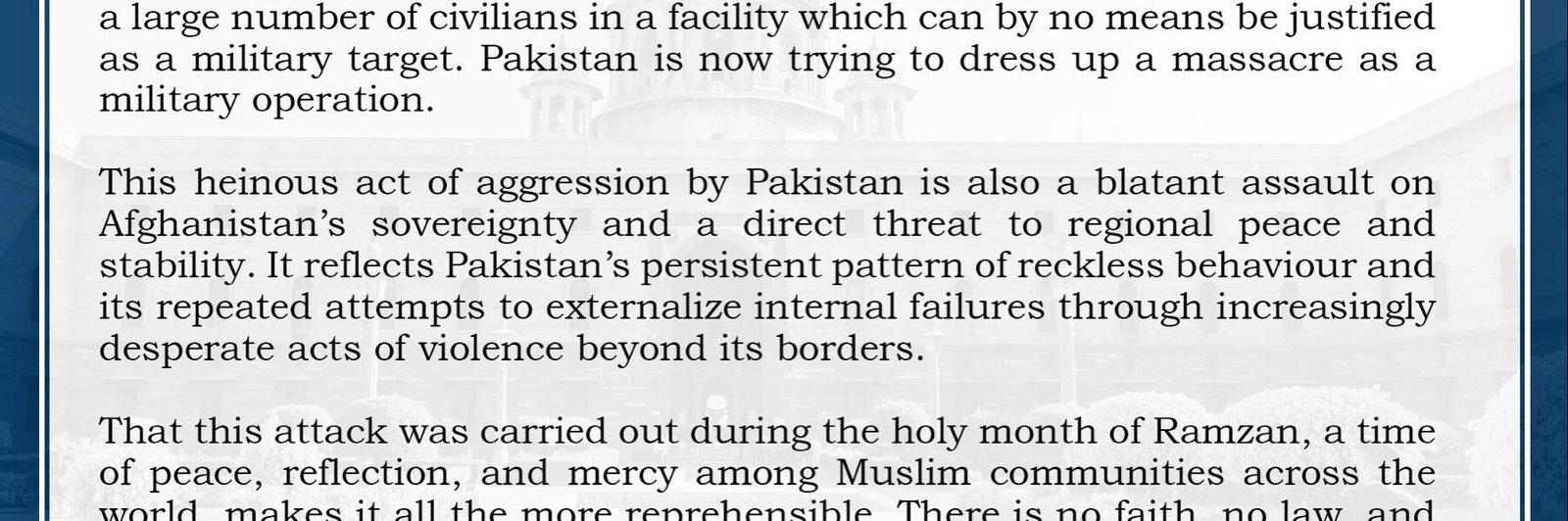 India explicitly condemned Pakistan airstrike on the Omid Drug De-addiction Hospital in Kabul.