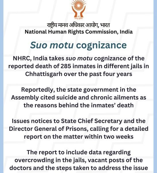 NHRC has taken suo motu cognizance of the alleged deaths of 285 prisoners in various jails across Chhattisgarh over the past four years
