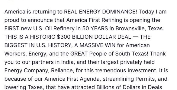 President Donald Trump announced a historic 300 billion partnership with India Reliance Industries Limited.