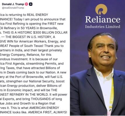 US President Donald Trump announced that the US will get its first oil refinery in 50 years with investment from Reliance Industries.