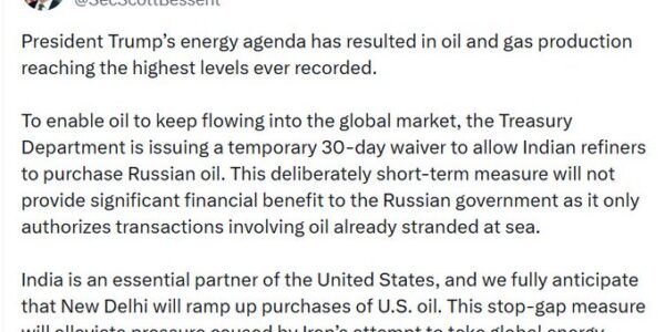 US gives India 30-day exemption to buy stranded Russian oil