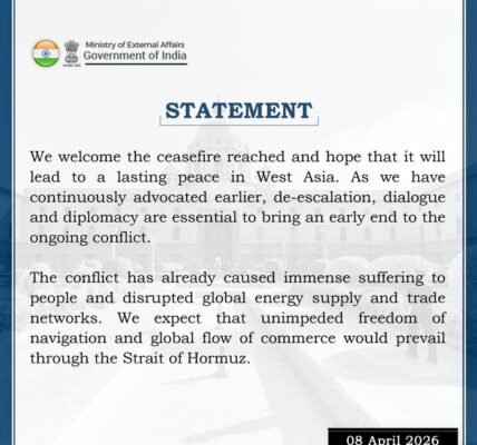 India welcomed the ceasefire between the US and Iran.