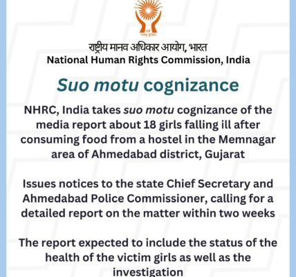 NHRC took suo motu cognizance of media reports regarding 18 girls falling ill after consuming food at a hostel in the Memnagar area of ​​Ahmedabad district, Gujarat