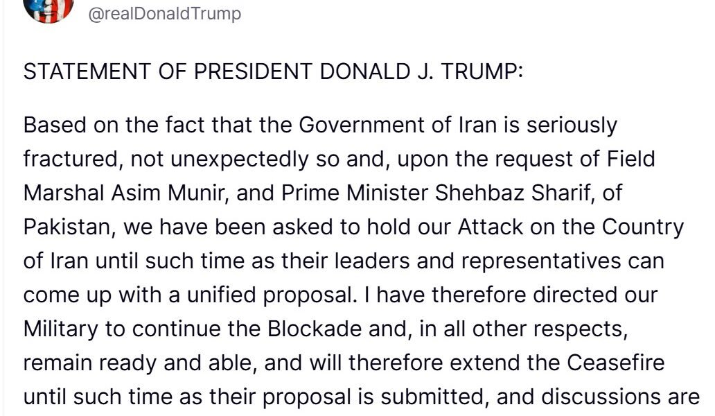 United States has announced an indefinite extension of the ceasefire with Iran, but the blockade of maritime routes will continue