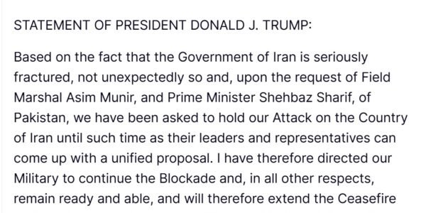 United States has announced an indefinite extension of the ceasefire with Iran, but the blockade of maritime routes will continue