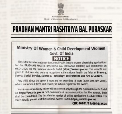 government has invited nominations for the Prime Minister National Children Awards (PMRBP) 2026