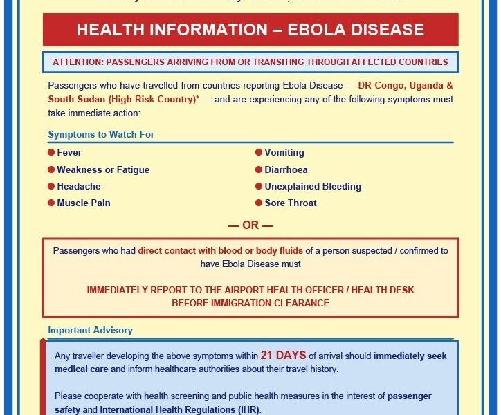 Central Government has issued an advisory for passengers arriving from, or transiting through, countries affected by the Ebola disease