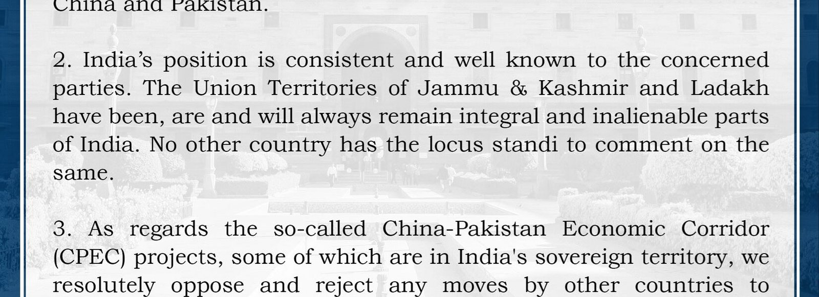 India Rejects Reference to Jammu and Kashmir in China-Pakistan Joint Statement