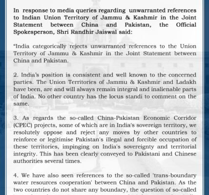 India Rejects Reference to Jammu and Kashmir in China-Pakistan Joint Statement