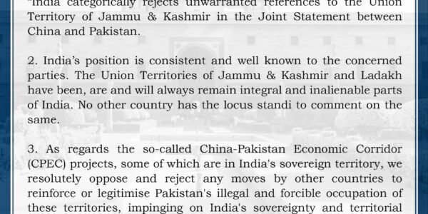 India Rejects Reference to Jammu and Kashmir in China-Pakistan Joint Statement