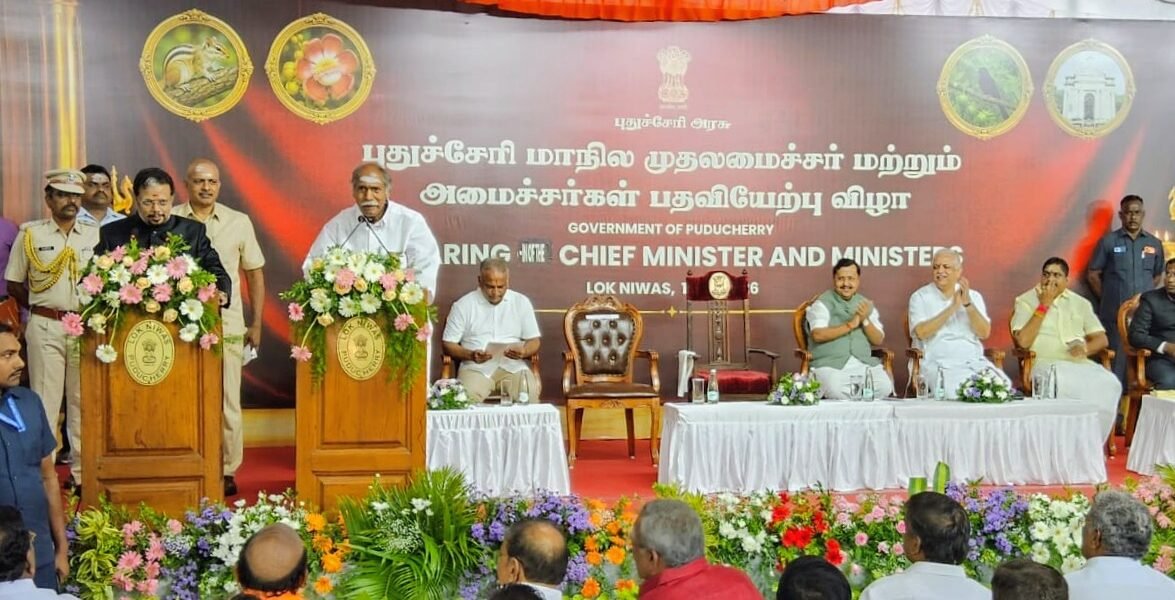 N. Rangasamy took oath as the Chief Minister of Puducherry for a record fifth time.
