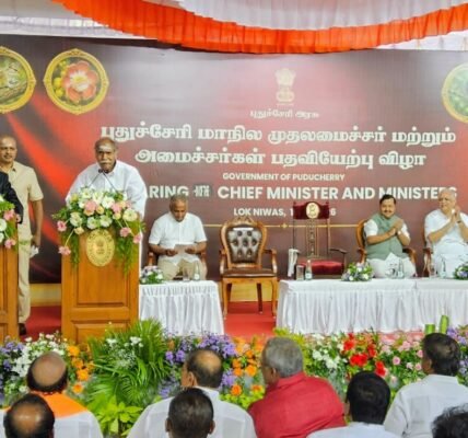 N. Rangasamy took oath as the Chief Minister of Puducherry for a record fifth time.