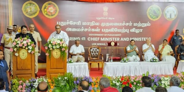 N. Rangasamy took oath as the Chief Minister of Puducherry for a record fifth time.