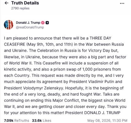 US President Donald Trump announced a three-day ceasefire between Russia and Ukraine.