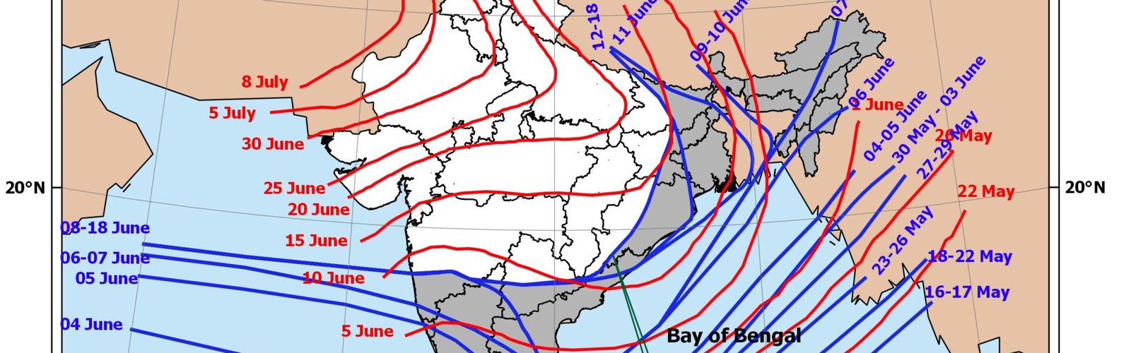 Conditions became favorable for the advance of the Southwest Monsoon into parts of Telangana, Odisha, Jharkhand, Bihar, and Chhattisgarh over the next four to five days.