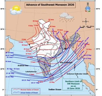 Conditions became favorable for the advance of the Southwest Monsoon into parts of Telangana, Odisha, Jharkhand, Bihar, and Chhattisgarh over the next four to five days.