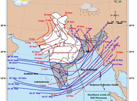 Conditions became favorable for the advance of the Southwest Monsoon into parts of Telangana, Odisha, Jharkhand, Bihar, and Chhattisgarh over the next four to five days.