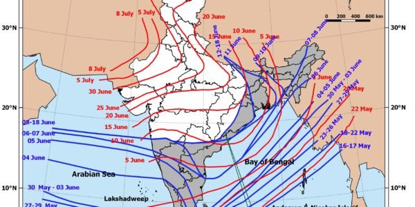 Conditions became favorable for the advance of the Southwest Monsoon into parts of Telangana, Odisha, Jharkhand, Bihar, and Chhattisgarh over the next four to five days.