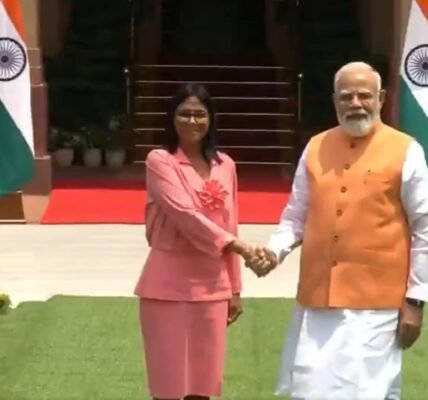 PM Modi met with Venezuela Acting President Delcy Eloina Rodríguez Gómez at Hyderabad House.