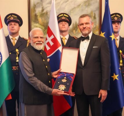 Slovak President Peter Pellegrini conferred the country's highest civilian honour, the Order of the White Double Cross, First Class upon PM Narendra Modi.