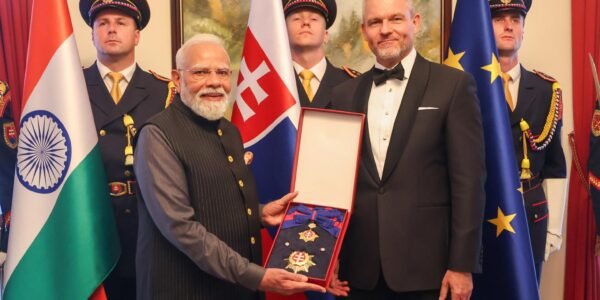 Slovak President Peter Pellegrini conferred the country's highest civilian honour, the Order of the White Double Cross, First Class upon PM Narendra Modi.