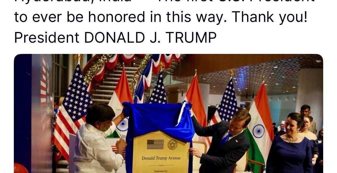 US President Trump expressed gratitude to India for naming a road Donald Trump Avenue in Hyderabad.