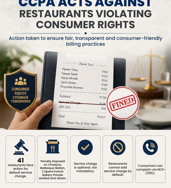CCPA has taken suo motu cognizance against 41 restaurants for levying unauthorized service charges on consumers