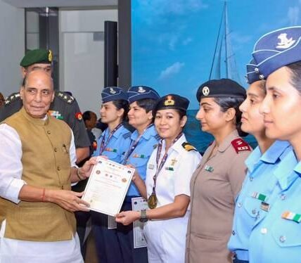 Defence Minister felicitated the crew of INSV Tarini for completing the first-ever all-women tri-service sailing expedition