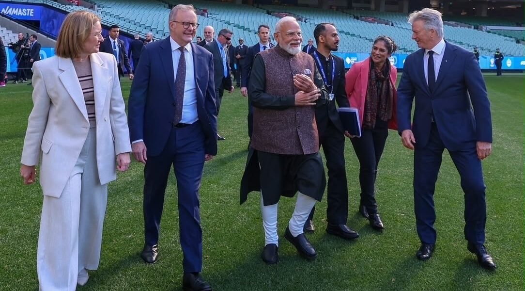 PM Modi visited the Melbourne Cricket Ground with Australian PM Anthony Albanese and Victoria Premier Jacinta Allan.