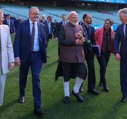 PM Modi visited the Melbourne Cricket Ground with Australian PM Anthony Albanese and Victoria Premier Jacinta Allan.