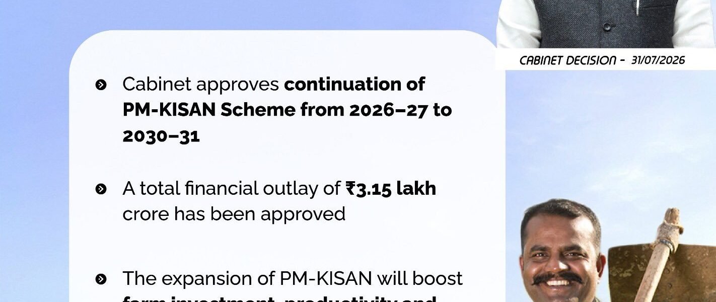 Union Cabinet approved the continuation of the Pradhan Mantri-Kisan scheme from 2026-27 to 2030-31 with a financial outlay of ₹3.15 lakh crore