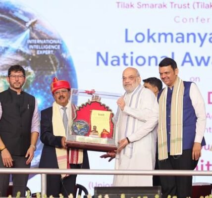 Home Minister Amit Shah honored NSA Ajit Doval with the Lokmanya Tilak National Award 2026 in Pune today.