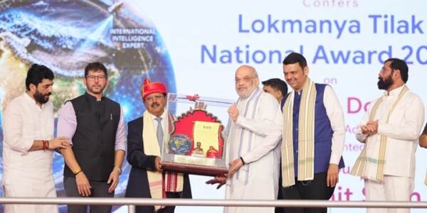 Home Minister Amit Shah honored NSA Ajit Doval with the Lokmanya Tilak National Award 2026 in Pune today.