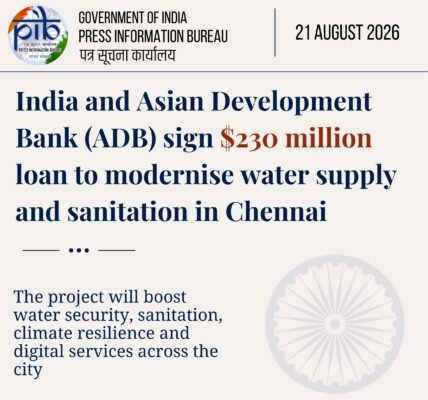 India and ADB signed a $230 million loan agreement to modernize water supply and sanitation infrastructure in Chennai.