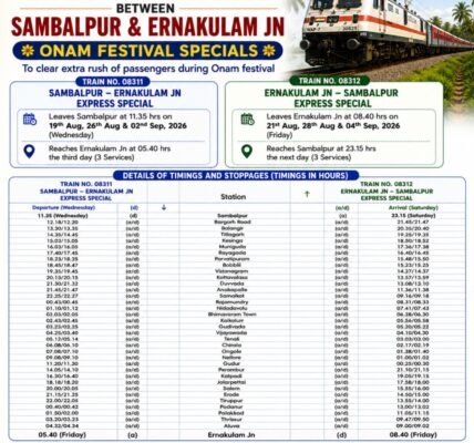 Railways has increased the number of special trains to Kerala to 112 for the occasion of Onam