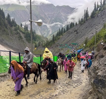 Shri Amarnath Yatra suspended via Pahalgam and Baltal routes due to rain and inclement weather in Jammu and Kashmir.