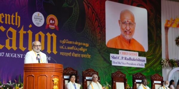 Vice President CP Radhakrishnan attended the 11th convocation ceremony of the Central University of Tamil Nadu in Tiruvarur today.