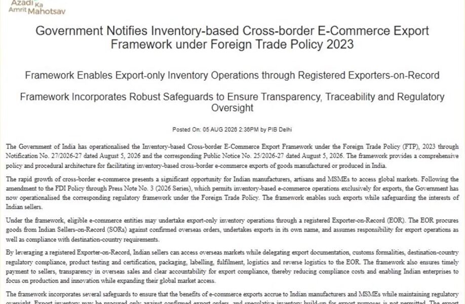 government notified the inventory-based cross-border e-commerce export framework under the Foreign Trade Policy 2023