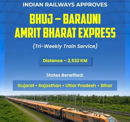 Indian Railways will launch a new Amrit Bharat Express running three times a week between Bhuj and Barauni.