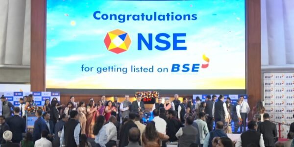 NSE shares listed at ₹1,800 per share against an issue price of ₹1,785 per share.