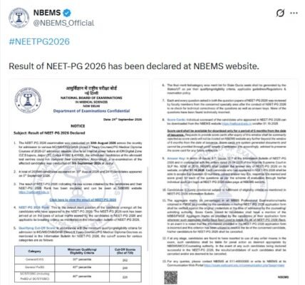 National Board of Examinations in Medical Sciences has declared the NEET PG-2026 results on its official website