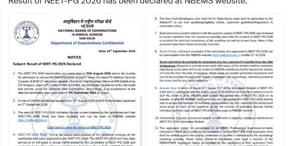 National Board of Examinations in Medical Sciences has declared the NEET PG-2026 results on its official website