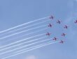 Suryakiran Aerobatic Team performs aerial stunts in the skies over Meerut for the first time.