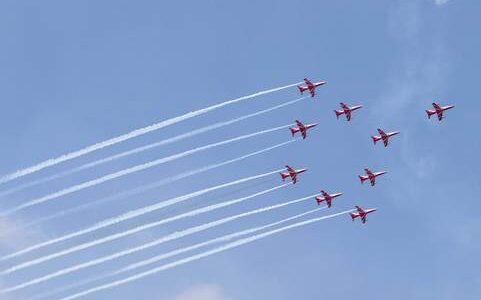 Suryakiran Aerobatic Team performs aerial stunts in the skies over Meerut for the first time.
