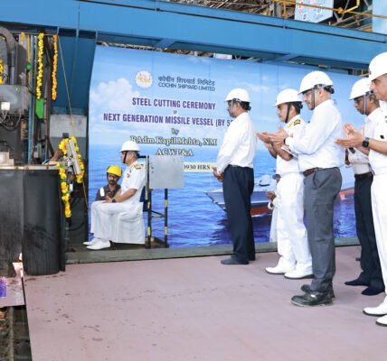 steel cutting ceremony for the second ship of the Missile Vessel (NGMV) project was held at Cochin Shipyard Limited