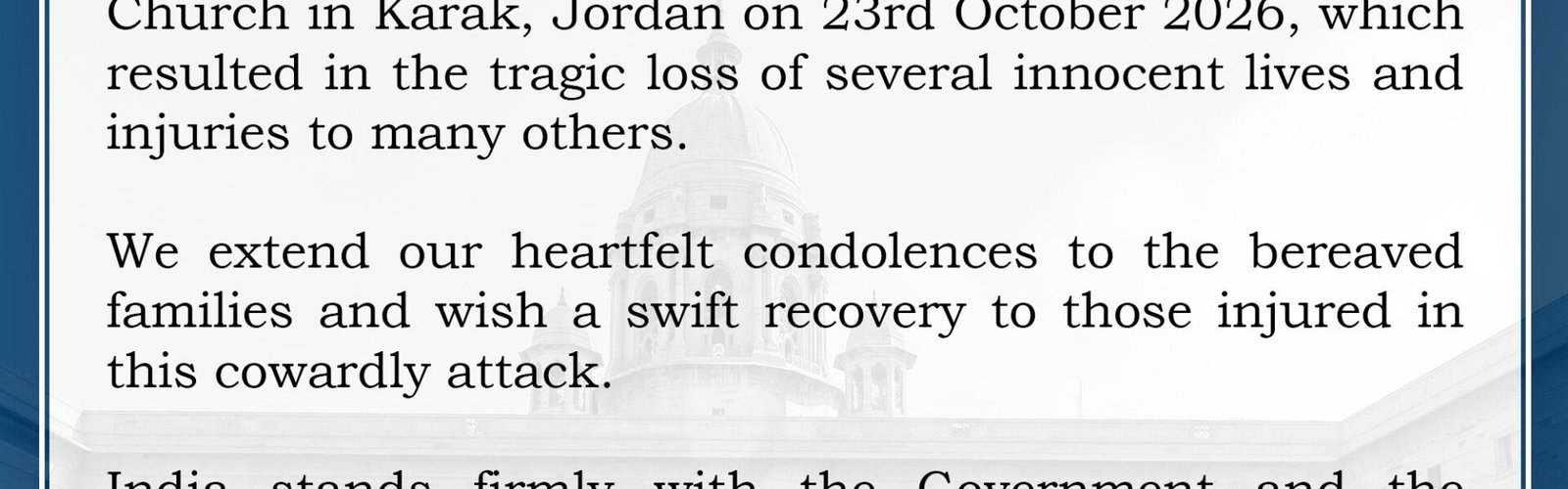 India condemns attack on a church in Karak, Jordan