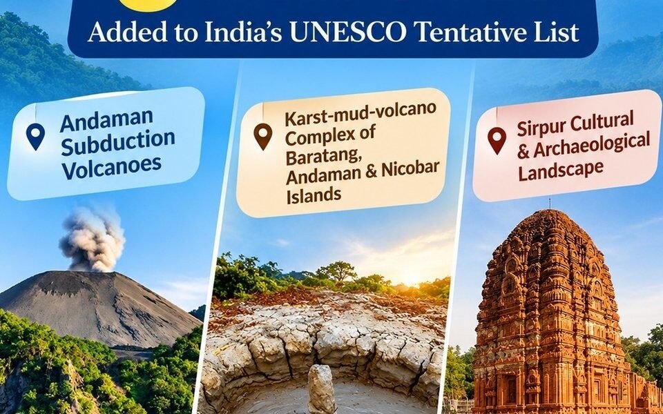 UNESCO has added three new Indian sites to its tentative list of World Heritage sites.